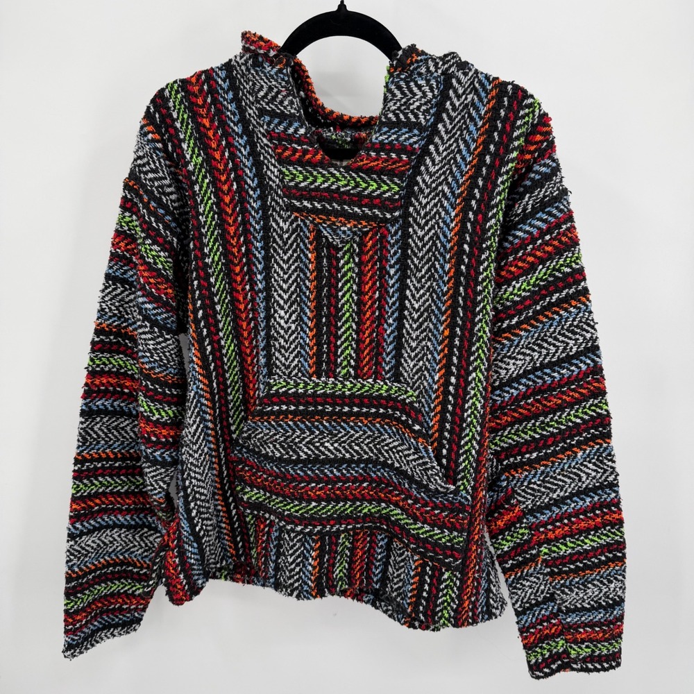 Baja Joe L Poncho Drug Rug Mexican Hoodie Multi Color Stripe Aztec Pullover‎